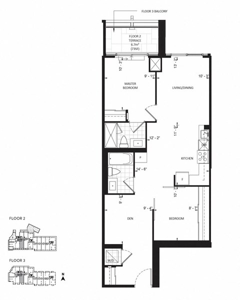 Floor plan for 2 beds, 2 baths, 894 sqft